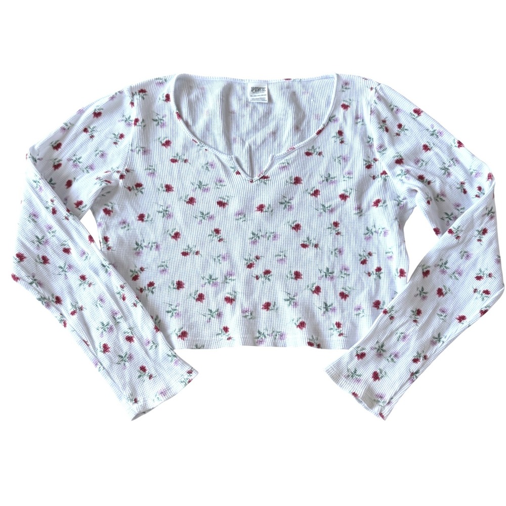 PINK Victoria's Secret Floral Waffle Knit Crop Top Womens XXL White Coquette